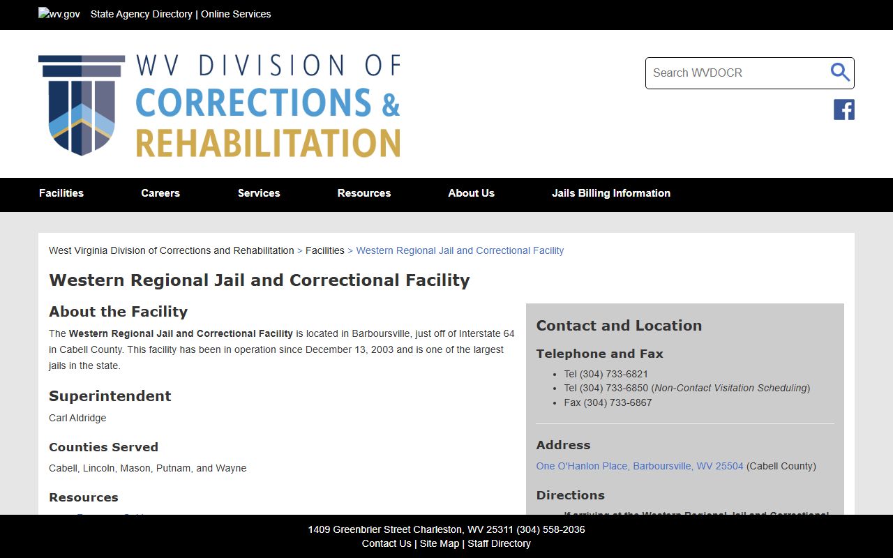Official Western Regional Jail and Correctional Facility page