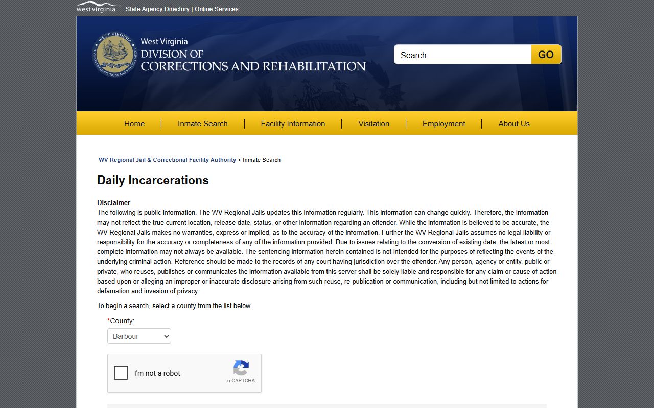 West Virginia Daily Incarcerations county and facility search page