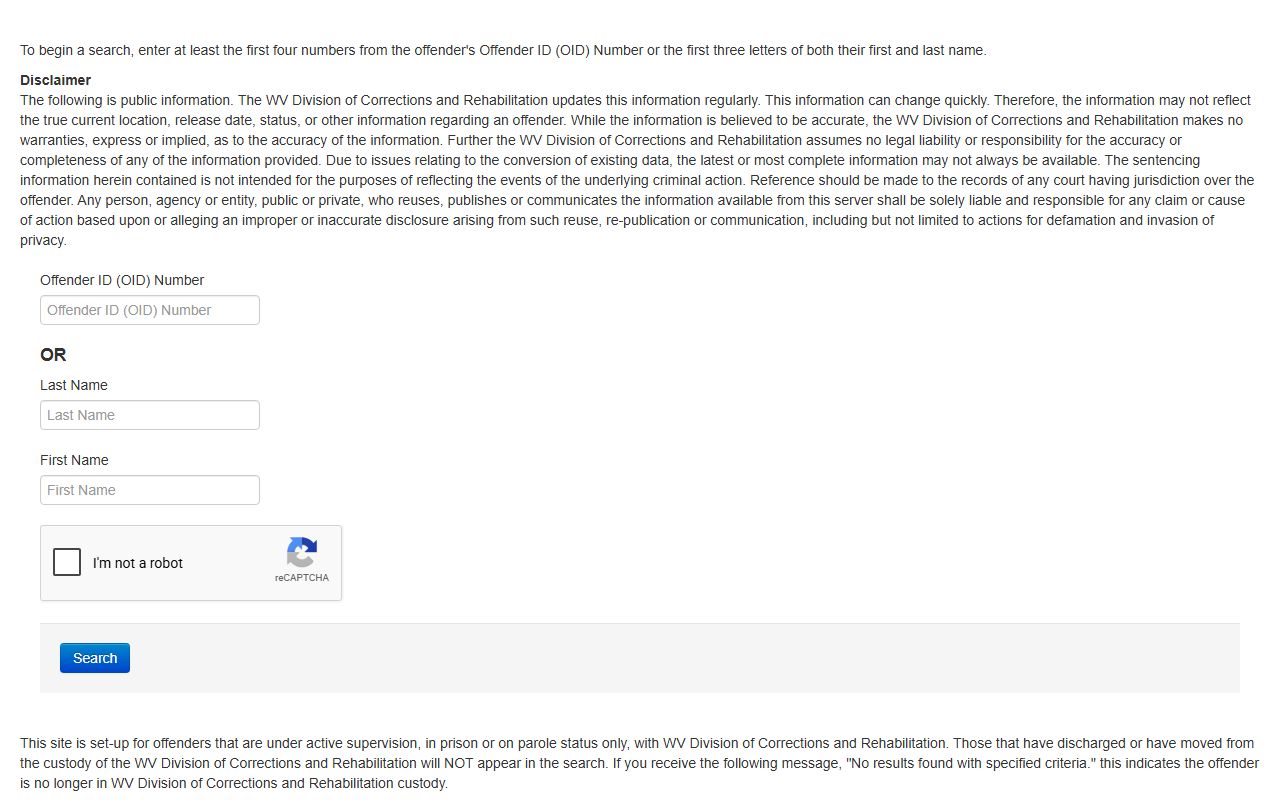 West Virginia DOC offender search form for prison and supervision custody