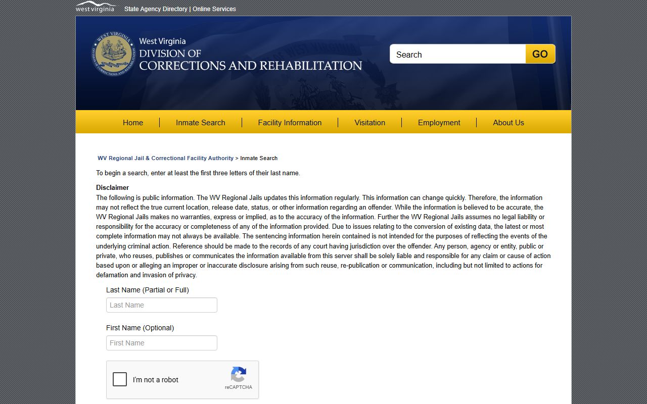 WVDCR Regional Jail offender search form